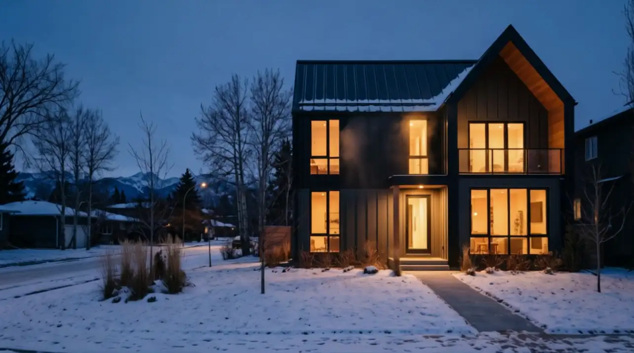 A Calgary home at blue hour with every window lit