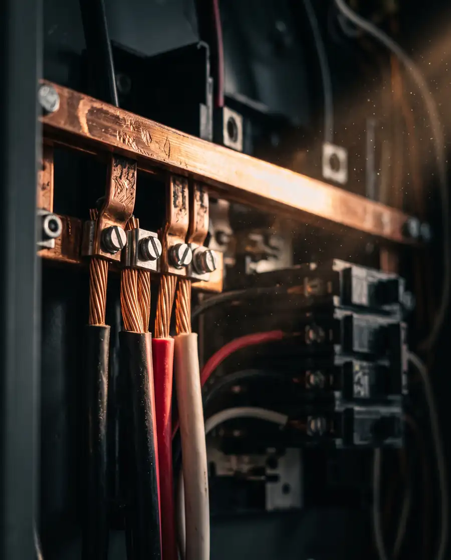 Copper bus bars inside an electrical panel