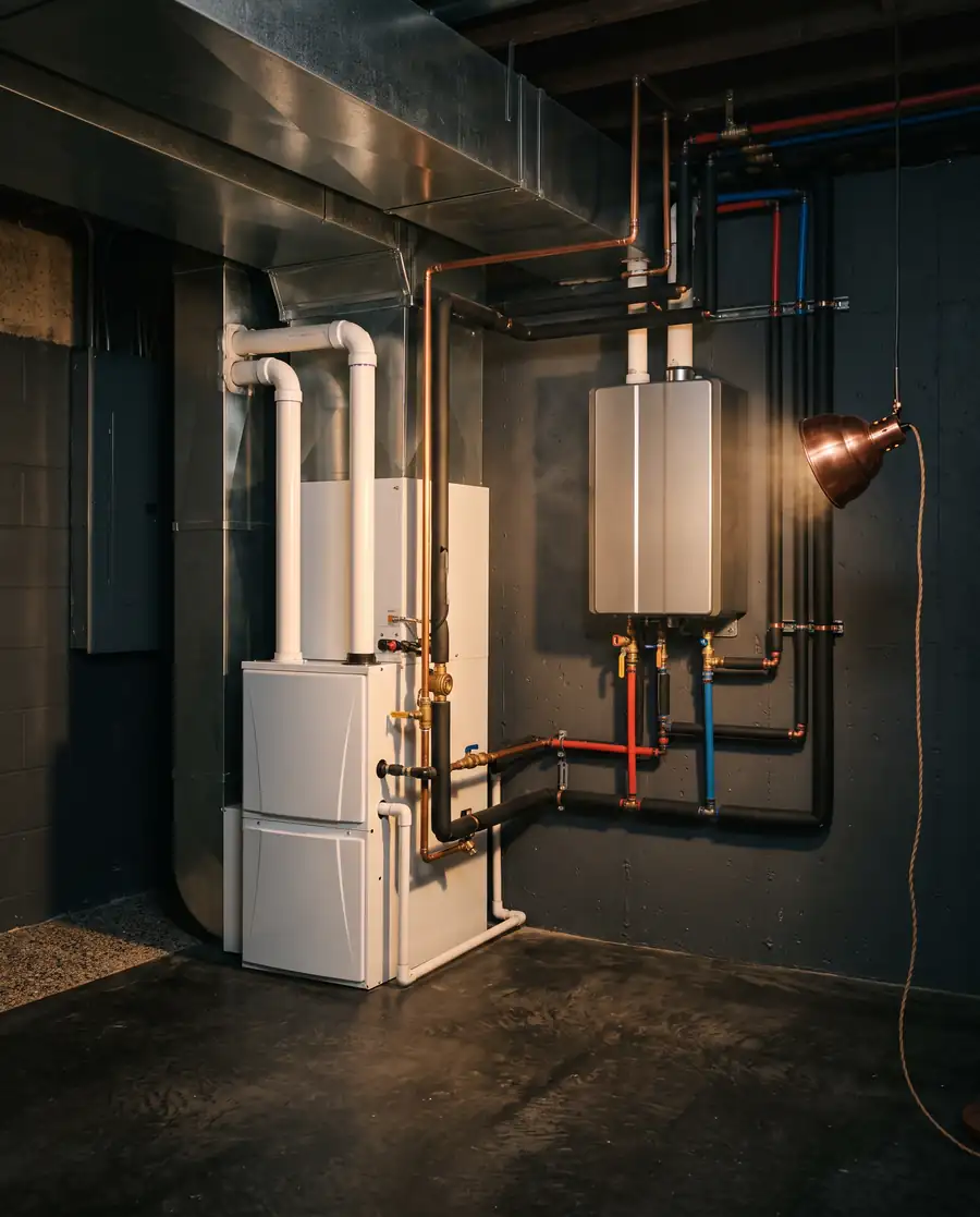 A furnace and tankless water heater in a basement mechanical room
