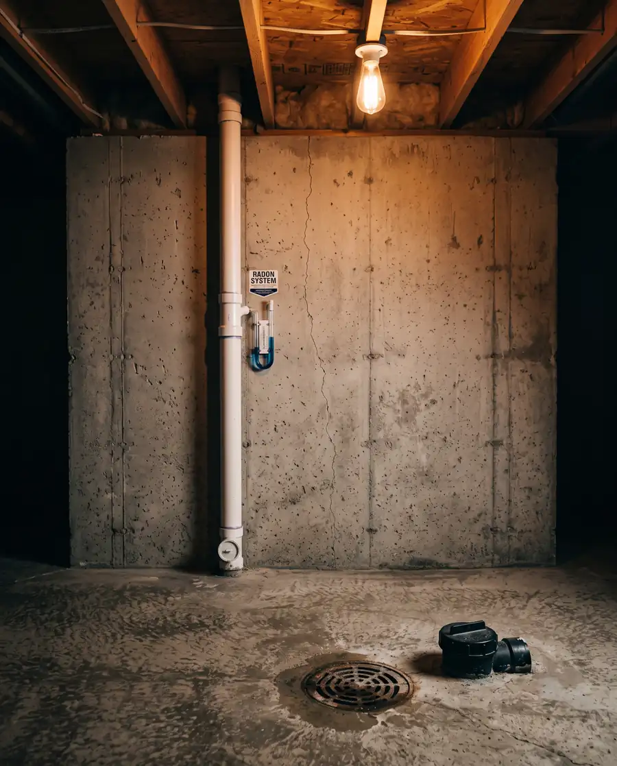 A basement with a radon mitigation pipe and sewer cleanout