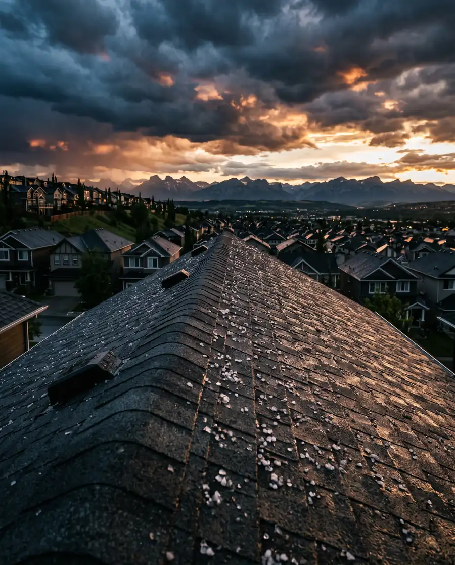 Dusk view along a roof ridge after a hailstorm